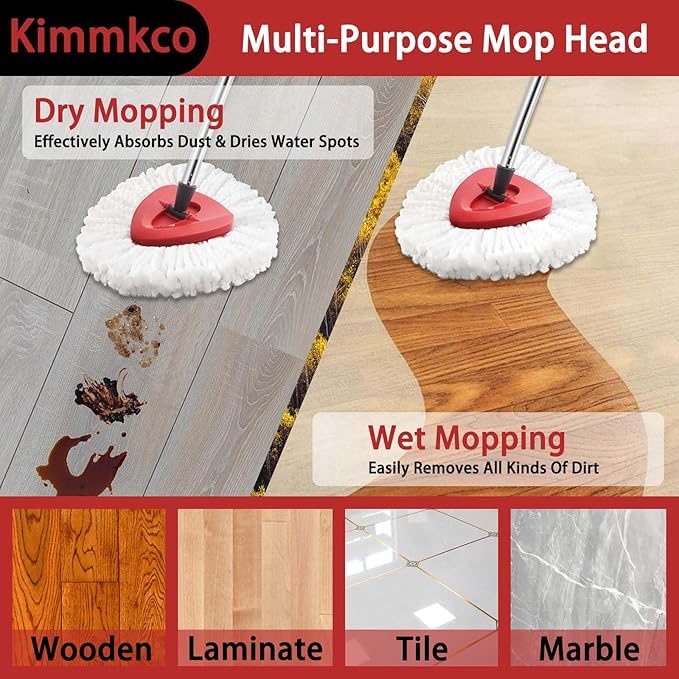 Spin Mop Head, Base, Mop Handle Replacement for O Cedar EasyWring 1 Tank System Microfiber Spin Mops, 2 Microfiber Mop Refills, 1 Triangle Head Cover and 30-58in Handle Set Combo