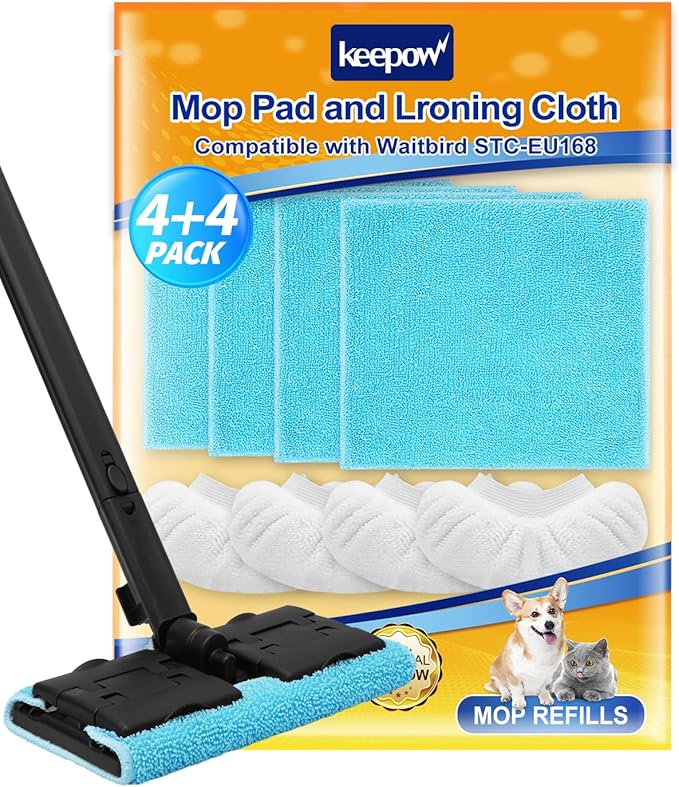 KEEPOW Reusable Microfiber Mop Pads Fit for Waitbird Steam Cleaner STC-EU168, 4 Pack Microfiber Cleaning Replacement Pads for Hardwood Floor Cleaning & 4 Pack Ironing Cloths, (Mop is Not Included)