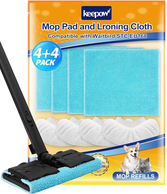 KEEPOW Reusable Microfiber Mop Pads Fit for Waitbird Steam Cleaner STC-EU168, 4 Pack Microfiber Cleaning Replacement Pads for Hardwood Floor Cleaning & 4 Pack Ironing Cloths, (Mop is Not Included)