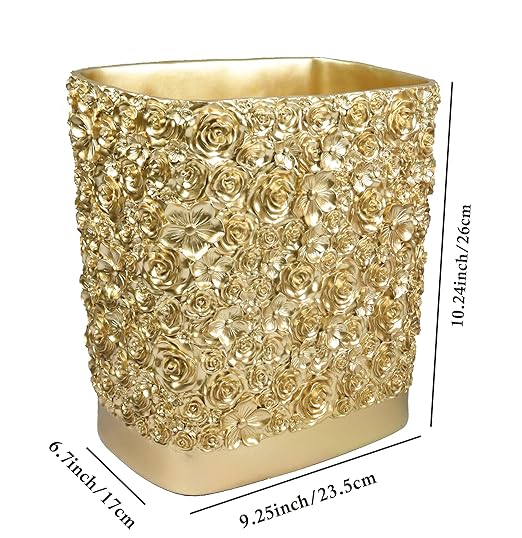 Hymmah Bathroom Trash Can 1.8 Gallon(7 Liter) Small Kitchen Garbage Can,Decor Wastebasket for Bedroom Office,Resin Hand-Carved Rose Flower Gold