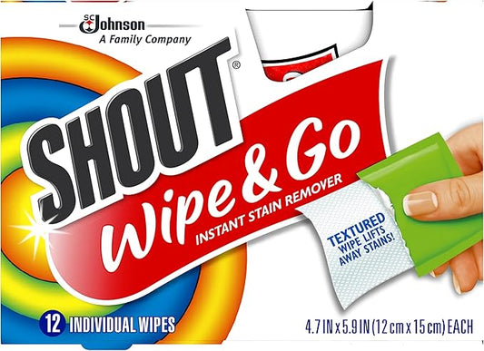 Shout Wipes Stain Remover for Clothes Laundry, Instant Stain Remover and Individually Wrapped, Travel Essentials, Works on Everyday Stains, 12 Wipes per Carton (1 Carton)