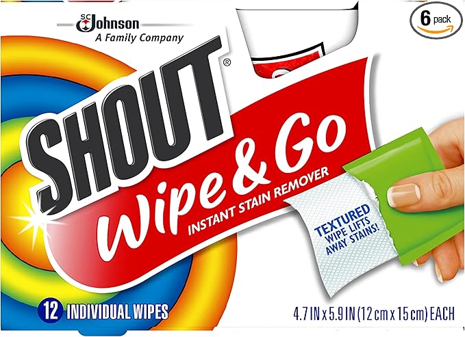 Shout Wipes Stain Remover for Clothes Laundry, Instant Stain Remover and Individually Wrapped, Travel Essentials, Works on Everyday Stains, 12 Wipes per Carton (6 Cartons)