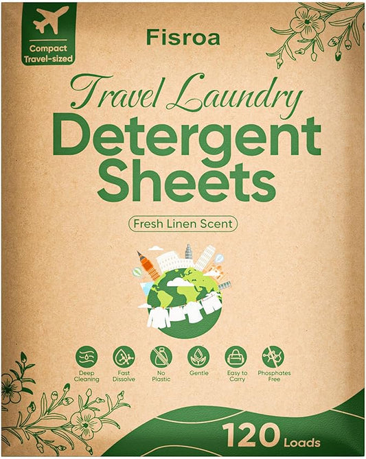 Travel Laundry Detergent Sheets Fisroa 120 Loads Eco-friendly Washing Detergent Sheets Plastic-Free Fresh Linen Scent Liquidless Laundry Strips for Camping Dorm