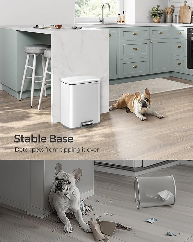 SONGMICS Trash Can, Garbage Can with Lid, 5.2-Gallon (20L) Step Trash Bin for Kitchen, Stainless Steel, Soft Close and Stays Open, Inner Bucket, Includes 15 Trash Bags, White ULTB543W01