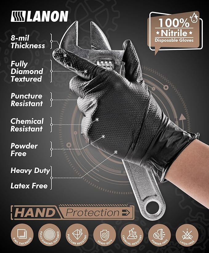 LANON Protection Heavy Duty Black Nitrile Gloves, Food Safe, Latex Free, Powder Free, Mechanic, Fully-Diamond Textured Grip Industrial Disposable Gloves, 8mil, Large