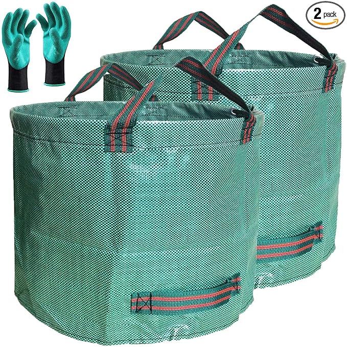 Standard 2-Pack 16 Gallon Yard Lawn Garden Bags (D18, H15 inch) with Gardening Gloves, Yard Waste Bags,Patio Debris Container,Camping Trash Bin,Recycling Bag,Laundry Bin,Lawn Weeds,Leaf Bags 4 handles