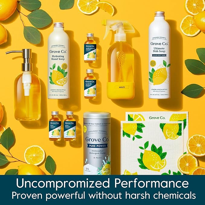 Grove Co. Tub and Tile Cleaner Refill Concentrate (2 x 1 Fl Oz) + 1 x Reusable Glass Spray Bottle (16 Oz) Plant-Based Cleaning Supplies Bundle, No Plastic Waste, Lemon & Eucalyptus Scent