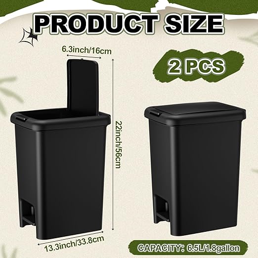 LemonRoad 2 Pack 1.8 Gallon Slim Bathroom Trash Can with Lid Soft Close 6.5 L Step on Plastic Trash Can with Odor Protection Hands Free for Corner, Kitchen, Office, Bedroom