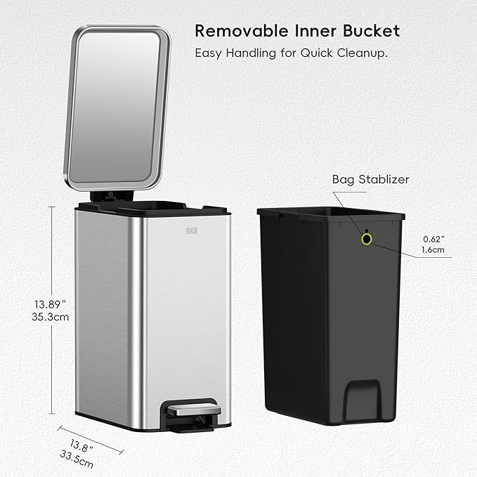 EKO Small Bathroom Trash Can with Lid Soft Close, Step Pedal, 10 Liter / 2.6 Gallon Stainless Steel Garbage Can with Removable Inner Bucket, Anti-Fingerprint Finish (Silver)