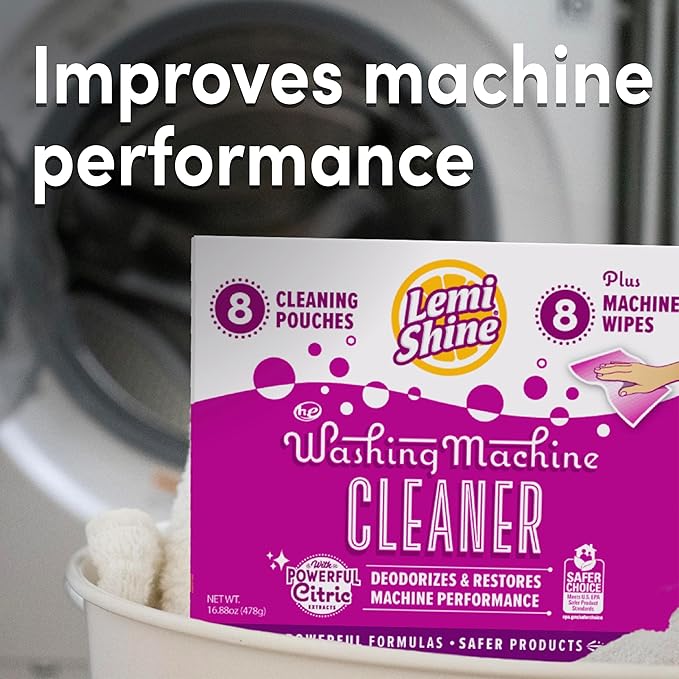 Lemi Shine Washing Machine Cleaner - Hard Water Citric Acid Cleaning Powder - Includes Machine Cleaning Wipes - 16.88 oz (8 Pack)