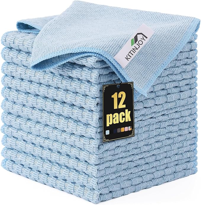 Kitinjoy Microfiber Cleaning Cloth, 12 Pack Soft and No Lint Microfiber Towels Cleaning Supplies, Absorbent Fast Drying Cleaning Rags for Housekeeping, Kitchen, Window, 12 x12 Inches, Light Blue
