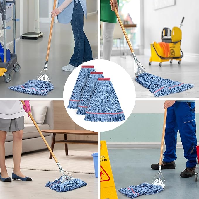 Matthew Cleaning 20oz Heavy Duty Mop Head Commercial Replacement for General and Floor Cleaning, Wet Industrial Blue Cotton Looped End String Head Refill (Pack of 3) Blue