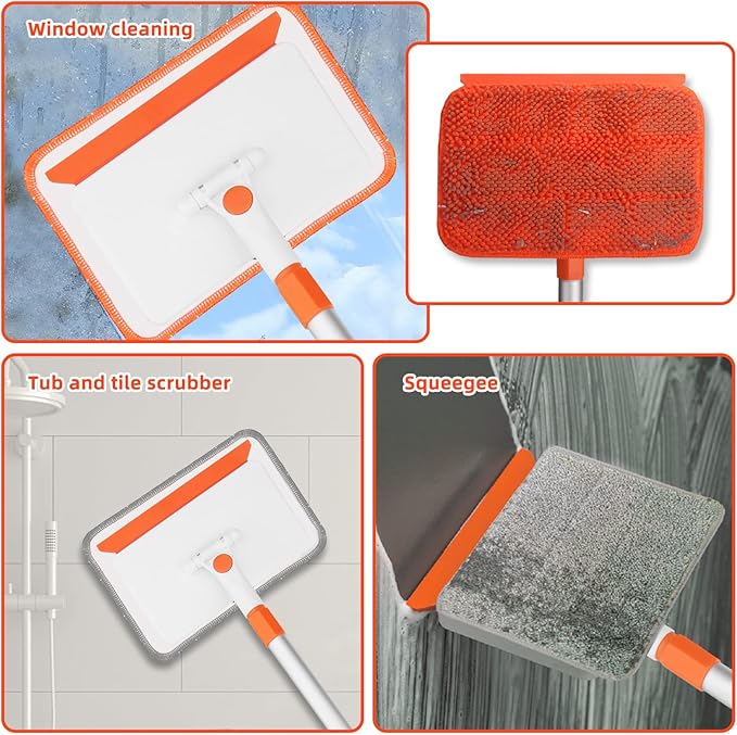 Qaestfy Wall & Baseboard Cleaner Mop Tool with 49'' Long Handle for Cleaning Window Floor Skirting Board Ceiling Bathtub Tub Tile Scrubber Brush Duster with 4 Reusable Pads