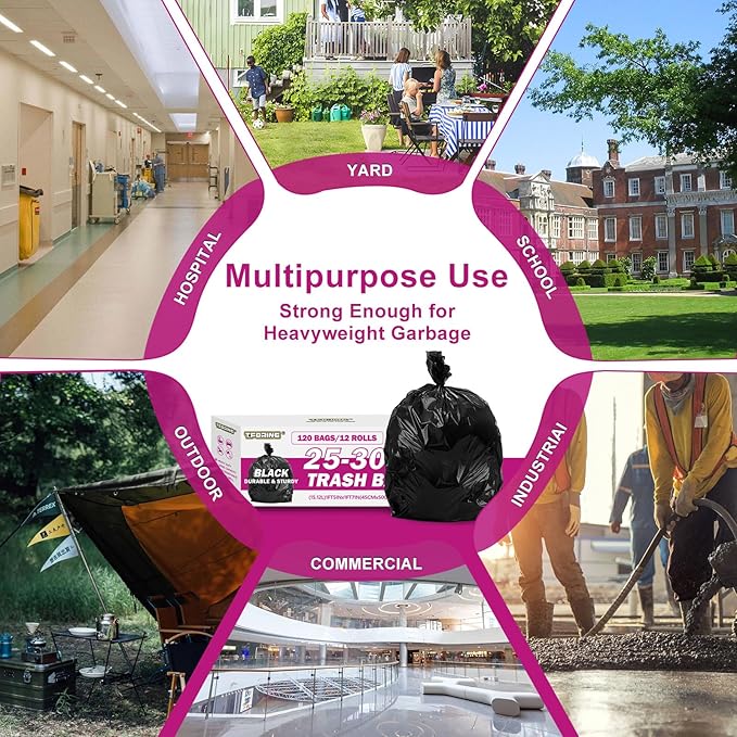 25-30 Gallon Trash Bags Black 120 Count - 32" x 36" Large Kitchen Garbage Bags, 20+ Gallon Trash Can Liners Unscented, Multipurpose for Home, Office, Daily Household Use