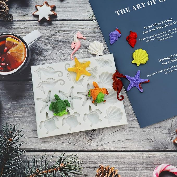 Sakolla Marine Theme Fondant Silicone Molds, Seashell, Conch, Seahorse, Starfish, Tortoise Silicone Mold for Cake Decoration, Chocolate Candy Sugar Craft