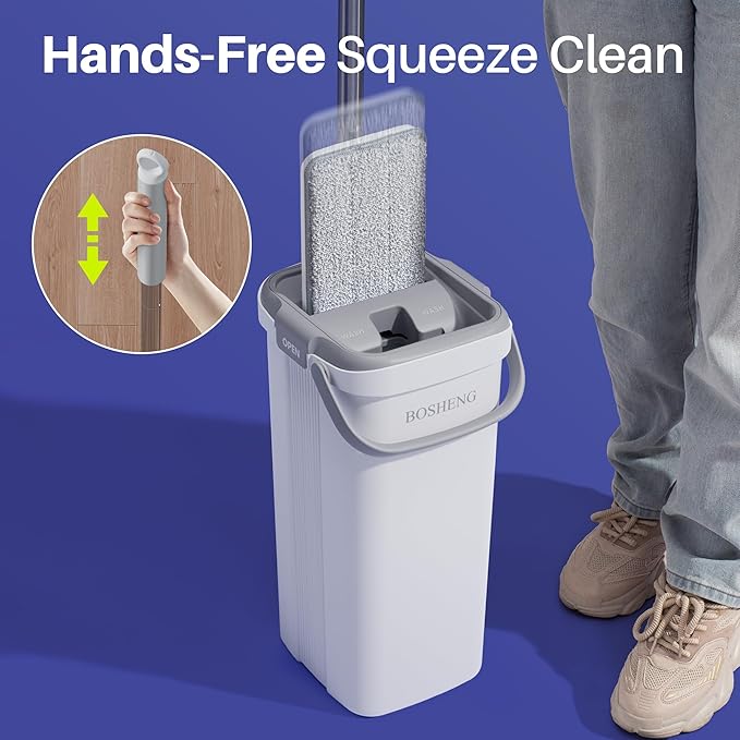 Mop and Bucket Set, Flat Mops for Floor Cleaning, Wall Mop with 60" Extensible Handle, Hardwood Floor Mop with 4 Microfiber Pads