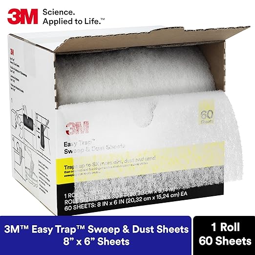 3M Easy Trap Sweep and Dust Sheets, 1 Roll of 60 8" x 6" Sheets, Disposable Easy Sweep Floor Duster, Picks Up 8x More Dirt, Dust, Sand, Hair, Works on Dry or Wet Surfaces, Hardwood Floors, 59152W