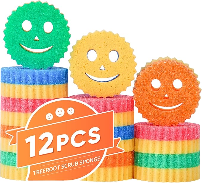 12 Colorful Smile Scrub Sponges, Temperature Controlled Dish Sponge, Double Sided Bulk Kitchen Sponges for Cleaning, Multi Functional Cleaning Sponge for Kitchen, Bathroom, Floor