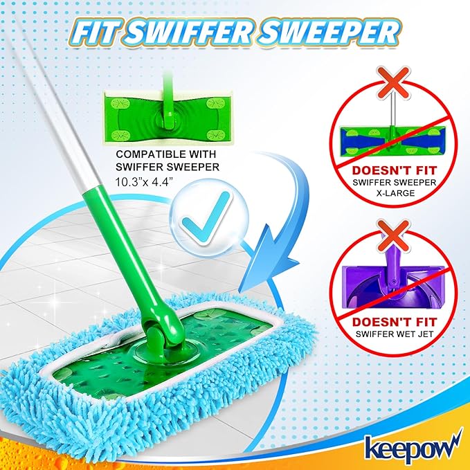 KEEPOW Reusable Microfiber Mop Pads Compatible with Swiffer Sweeper, Dry Sweeping Cloths, Washable Wet Mopping Cloth Refills for Hardwood Floor Cleaning, 6 Pack