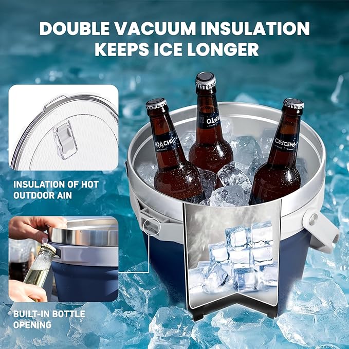 COKTIK 7L Insulated Ice Bucket with Lid，Double Wall Vacuum Stainless Steel Beverage Bucket Keeps Frozen Longer，Holds 6 Longnecks or 3 Bottles of Wine，for Cocktail, Champagne, Large Parties(Navy)