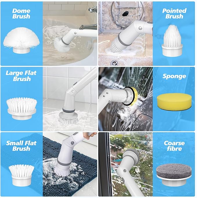 Qimedo Upgrade Rechargeable Electric Scrubber for Cleaning, 45-inch Handheld Spin Scrubber with Extended Long Handle, Cordless Power Dish Scrubber with 6 Brushes for Bathtub Grout Tile Floor