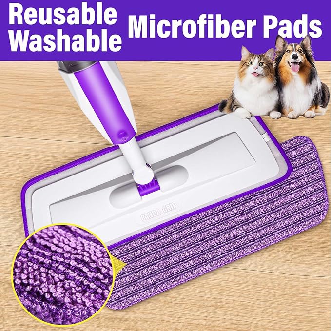 Spray Mops for Floor Cleaning Floor Mop with a Refillable Spray Bottle and 3 Washable Microfiber Pads Home or Commercial Use Dry Wet Flat Mop for Hardwood Laminate Wood (Purple)