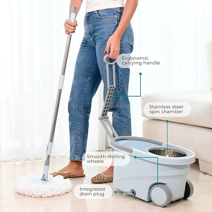 Spin Mop and Bucket with Wheels Wringer 360 Microfiber Mop with Stainless Steel Handle Self Wringing Cleaning System Bucket with Drain for Tile Hardwood Laminate Floors Includes 2 Mop Head Refills