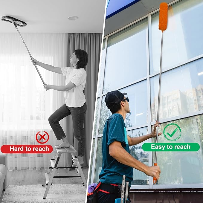 JEHONN Cobweb Duster with Extension Pole 96 inches, 8 PCS Extendable Long Handle Microfiber Feather Dust Remover, Telescoping Dusting Kit for Cleaning High Ceiling Fan, AC Vent House Exterior