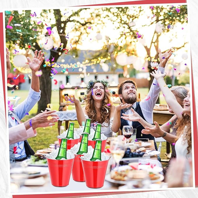 Zopeal 6 Pcs Large Metal Bucket Beer Bucket Galvanized Steel Pail with Handle for Gifts Basket Ice Candy Party(5 x 4.7 x 3.5 Inch,Red)