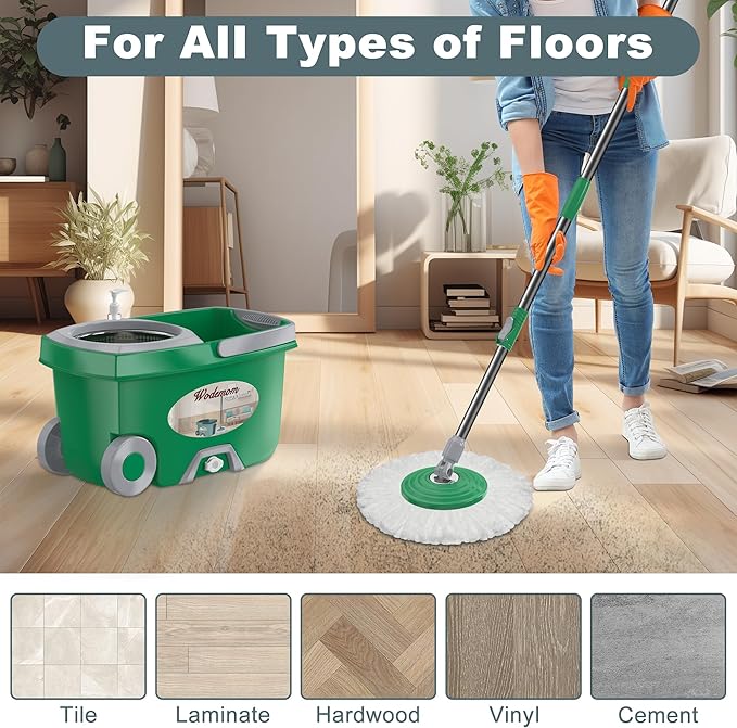 Dual Compartment Spin Mop and Bucket, Mop and Bucket with Wringer Set,360°Rotating Spinning Mopping for Floor Cleaning with 3 Microfiber Replacement Heads, 61" Extended Handle, 2X Wheel - Deep Green