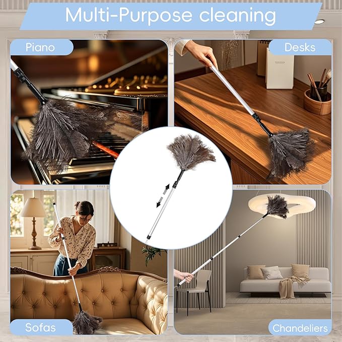 THARAHT Extendable Ostrich Feather Duster up to 25-49 inches Fluffy Feathers Long Handle Reusable for Cleaning Ceiling Fan Pendant lamp High Ceiling Blinds Furniture Feather Duster