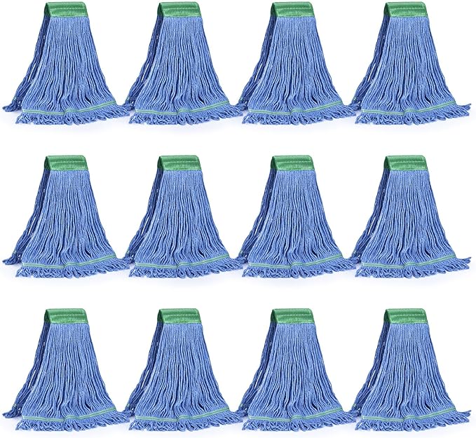 Matthew Cleaning Commercial Mop Head Replacement, 5 Inch Wide Headband, Looped End Cotton Blend String Wet Mops for Floor Cleaning, 18 oz Medium, Case Pack 12 Pcs Blue