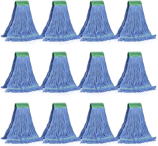 Matthew Cleaning Commercial Mop Head Replacement, 5 Inch Wide Headband, Looped End Cotton Blend String Wet Mops for Floor Cleaning, 18 oz Medium, Case Pack 12 Pcs Blue
