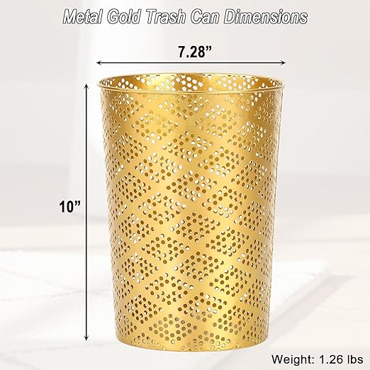 Metal Gold Trash Can, Modern Cylindrical Gold Garbage Can, Metal Waste Basket for Office Bathroom Bedroom & Small Spaces, 7.28" D x 10" H