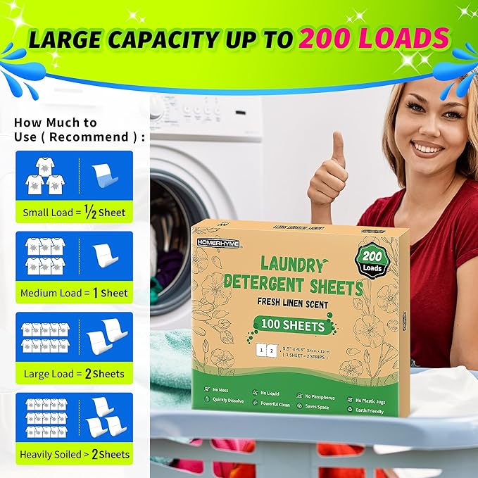 HOMERHYME Laundry Detergent Sheets - Fresh Linen Scent, 200 Loads (100 Sheets), Plastic Free Laundry Sheets for Travel, Dorms, Home, Apartments, Eco & Hypoallergenic