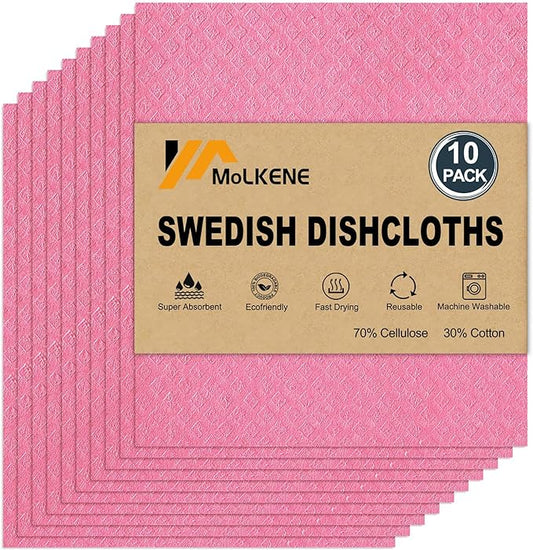 Swedish Dishcloths - 10 Pack Reusable Kitchen Dishcloths - Ultra Absorbent Dish Towels for Washing Dishes - Cellulose Sponge Cloth Cleaning Cloths - Pink