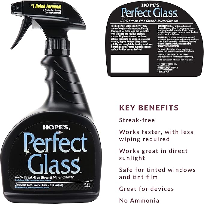 HOPE'S Perfect Glass Cleaner Spray, Streak-Free, Ammonia-Free Window, Mirror, Screen, Tinted Glass, and Shower Door Cleaner, Indoor and Outdoor Glass Surfaces, 32 Fl Oz, Pack of 1