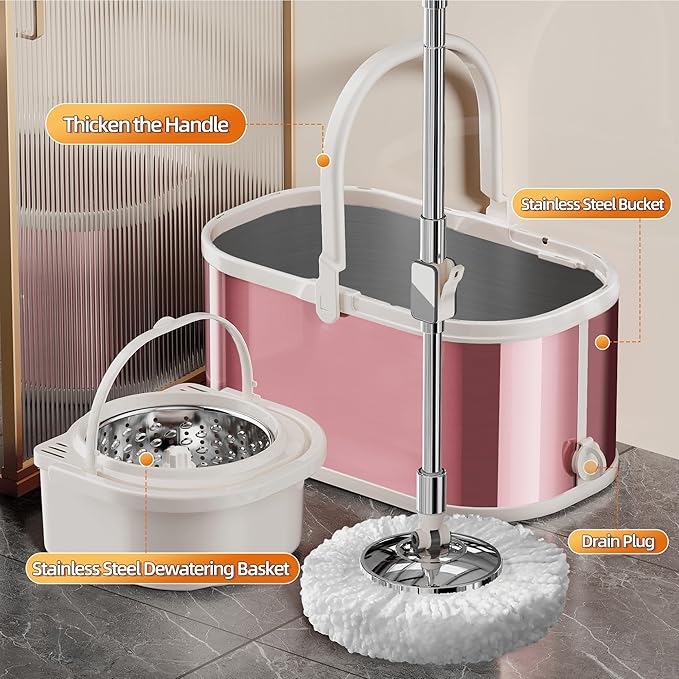 Spin Mop and Bucket with Wringer Set for Home,360° Mop and Bucket with Separate Clean and Dirty Water,Wet Dust Mop for Floor Cleaning with Extra Refills (Pink)