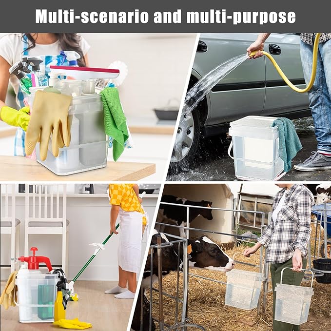 4 Pcs Plastic Bucket 5 Quart Square Bucket Utility Small Pail with Handle Sturdy Pail Organizer for House Cleaning Storage Livestock Feeding Car Washing Food Storage, No Lids(Clear)