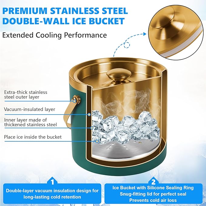 Ice Bucket, Ice Bucket with Silicone Sealing Ring Double-Wall Vacuum Insulation Champagne Buckets with Filter Layer Ice Tongs Ice Scoop (Green, 3 L)