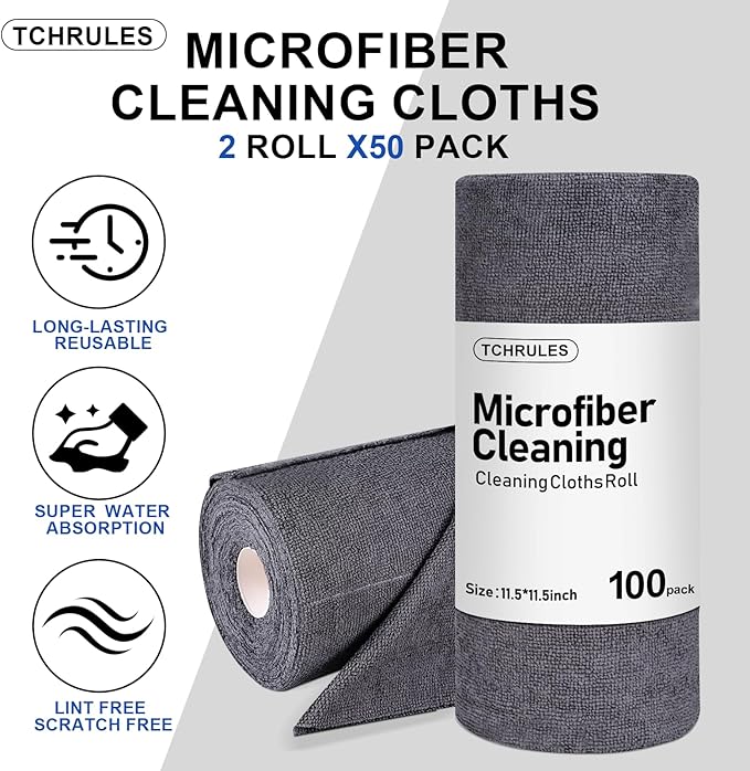 Microfiber Cleaning Cloths Roll, 100-Pack 11.5x11.5 Inch, Tear Away Microfiber Towels, Reusable Microfiber Towels for Cars, Wash Cloths, House, Kitchen, Window, Cleaning Supplies (Grey-100pcs)