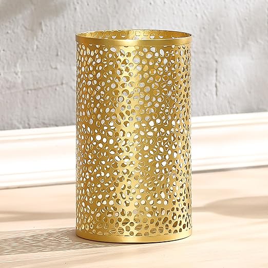 Metal Gold Trash Can, Modern Gold Garbage Can for Office, Cylindrical Metal Waste Basket for Bathroom Bedroom, 7" D x 12" H