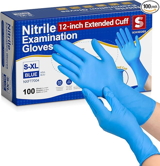 Schneider Nitrile Exam Gloves, Extended 12 Inches Cuff, Medium, 4 mil, 100-ct Box, Gloves Disposable Latex Free, Powder Free for Medical, Food Prep, Cleaning, Cooking, Blue