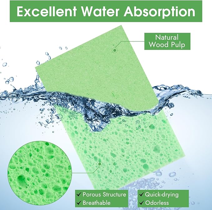 12 PCS Dish Sponges Kitchen, Non Scratch Cleaning Sponge for Non Stick Cookware, Natural Compressed Cellulose Wash Scrub for Household Bathroom, Soft Washing Scrubbers (Green)