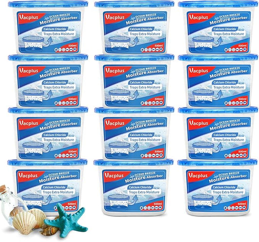 Vacplus Moisture Absorbers 12 Pack, 10.5 Oz, Humidity Absorber Boxes Attracts Extra Moisture from Your Bathroom, Closet, Kitchen, Dehumidifier for Closet (Ocean Scent), Light blue