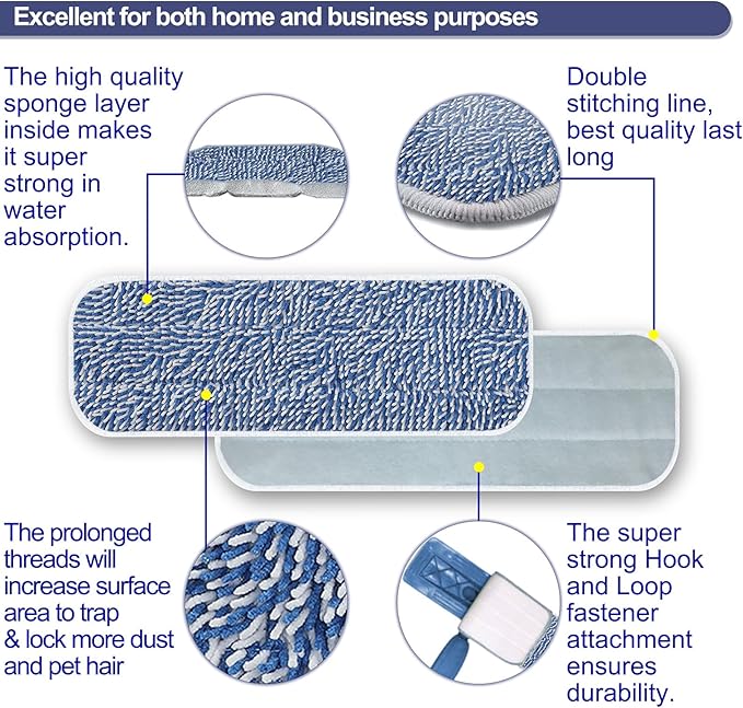 Replacement Mop Pad 16.5''x5.5'' for Floor Cleaning, 5 Pack Chenille Dust Mop Head Refills Attract and Pick Up Pet Hair, Washable Dry Cleaning Pads Compatible with Bona Mop and Most Spray Mops