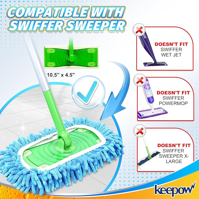 KEEPOW Reusable Microfiber Mop Pads Compatible with Swiffer Sweeper & Mop Deluxe 2-in-1, Wet & Dry Mopping Cloths for All Floors, Compatible with Swiffer Dry Sweeping Cloths for Cleaning (2 Pack)