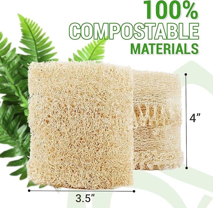 Natural Loofah Dual-Sided Scouring Pads, Plant-Based Non-Scratch Scrubbers for Kitchen Cleaning, Dishwashing, Household Use, 12 Count