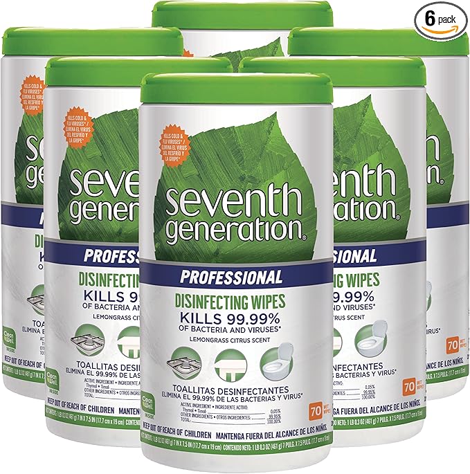 Seventh Generation Professional Disinfecting Multi Surface Wipes, Lemongrass Citrus, 70 count Tubs (Pack of 6)