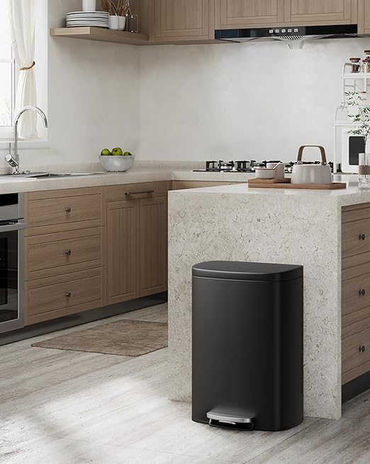 Garvee 13 Gal (50L) and 2.6 Gal (10L) Metal Trash Can Combo Set, Rustproof Garbage Can with Lid, Step-on Trash Bin with Inner Bucket, Rear Handle, Black